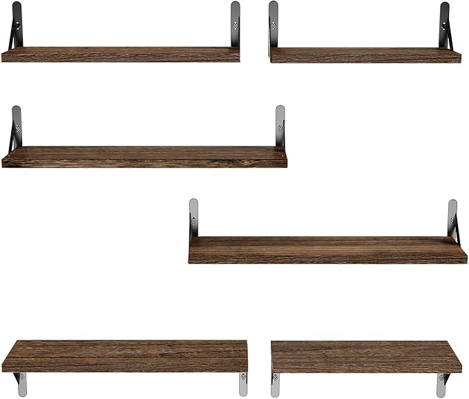 AMADA HOMEFURNISHING Long Wall Shelves, Rustic Farmhouse Style, Wood Floating Shelves for Wall Decor, Bathroom & Bedroom Storage, Living Room Book Shelves, Brown - 6pcs