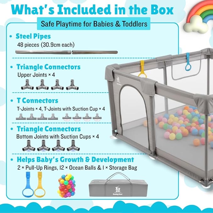 Baby Playpen for Babies & Toddlers, Large Playpen with Breathable Mesh, Anti-Slip Suction Cups, Zipper Door, Portable Indoor Outdoor Baby Play Yard with Balls & Storage Bag