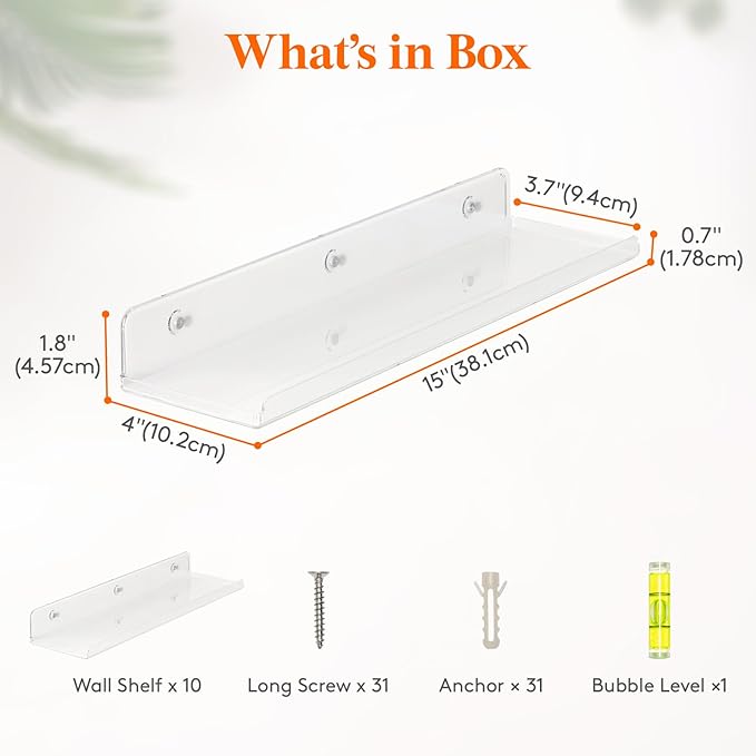 Lifewit Floating Shelves for Bathroom, 14" Clear Wall Organizer for Makeup, Perfume, Figures, Photo, Decor Shelf for Nursery, Living Room, Bedroom, Kitchen, Over Toilet Storage Rack, Clear, 10 Pack