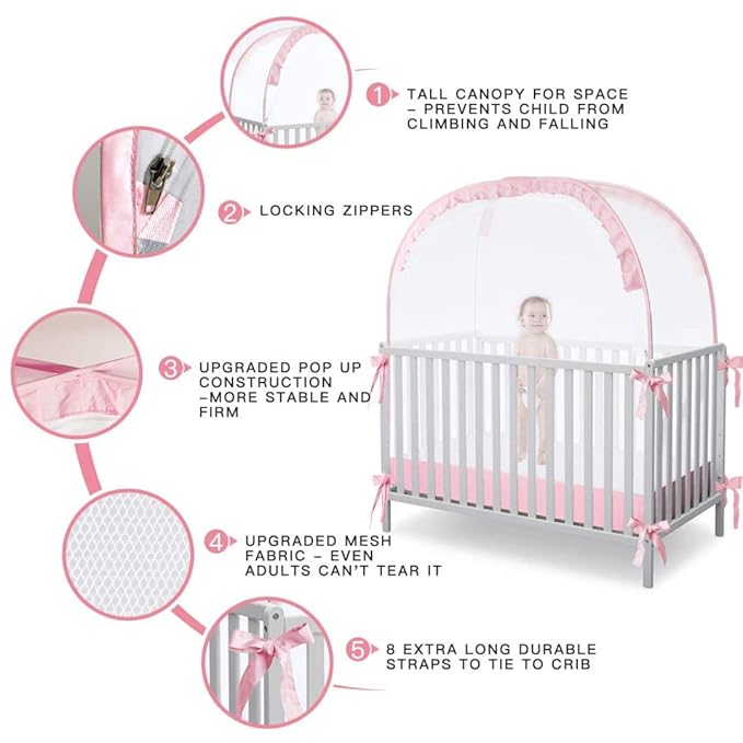 L RUNNZER Baby Pop Up Tent Cover Crib, Pink Crib Tent to Keep Baby in,See Through Crib and Nursery Soft Mesh Cover(55.2" L x 27.6" W x 51.6" H)