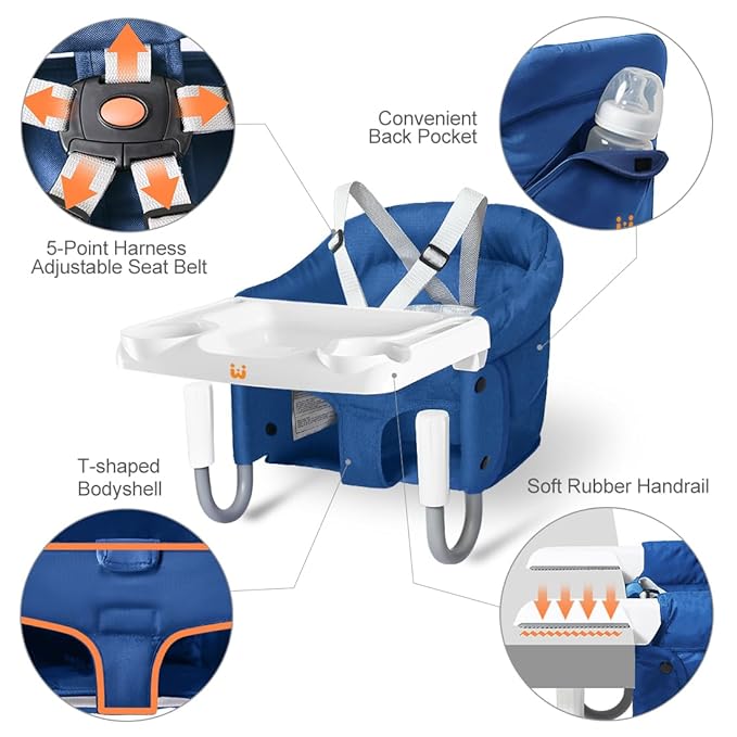 MTWML Hook On High Chair with Tray,Portable Baby High Chair That Attaches to Table,Clip On Fast Table Seat for Babies and Toddlers.Baby Feeding Seat for Dining Tables and Counter(Pure-Blue)