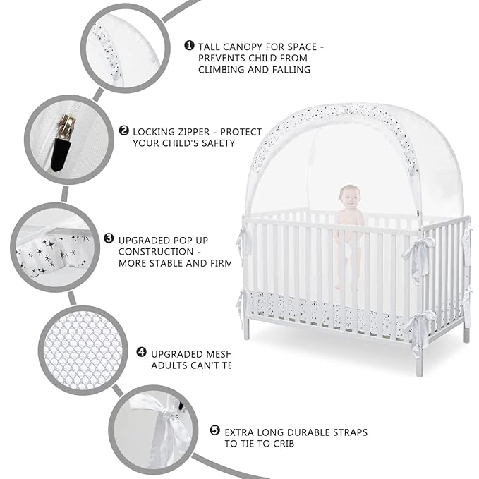 L RUNNZER Baby Pop Up Crib Tent, Crib Net to Keep Baby from Climbing Out, Crib Canopy Cover Against Falling and Bites, Strong Frame & Soft Breathable Mesh, White+stars