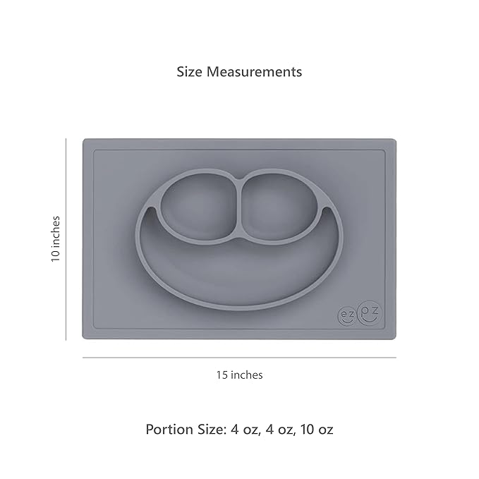 ezpz Happy Mat (Pewter) - 24 Months+ - 100% Silicone Suction Placemat + Divided Plate with Three Compartments - Toddler + Preschool Essentials