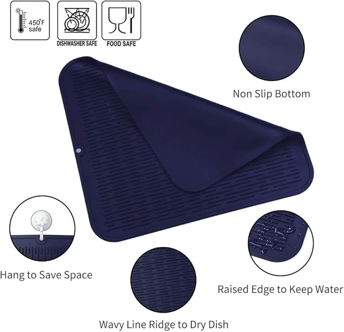 MicoYang Silicone Dish Drying Mat for Multiple Usage,Easy clean,Eco-friendly,Heat-resistant Silicone Mat for Kitchen Counter or Sink,Refrigerator or Drawer Liner Navy Blue XL 18 inches x 16 inches