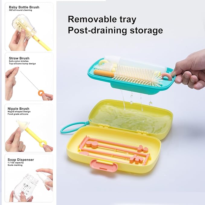 Suvast 7in1 Travel Bottle Cleaner kit,Baby Essentials, with Bottle Brush、Nipple Brush、Straw Cleaner Brush、Soap Dispenser、Bottle Drying Rack、Drainage Tray、Storage Box,Baby Travel Essential (Yellow)
