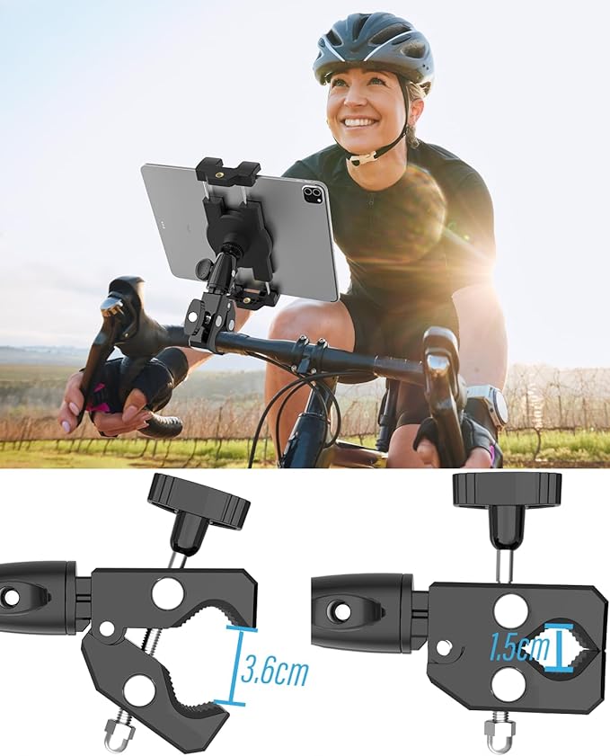 woleyi Aluminum Bike Tablet Mount Camera Clamp, Handlebar Tablet Holder for Motorcycle, Bicycle, Scooter, Stroller, Wheelchair for iPad Pro Air Mini, Galaxy TabS, Z Fold, Fire, iPhone, 4.7-13" Devices