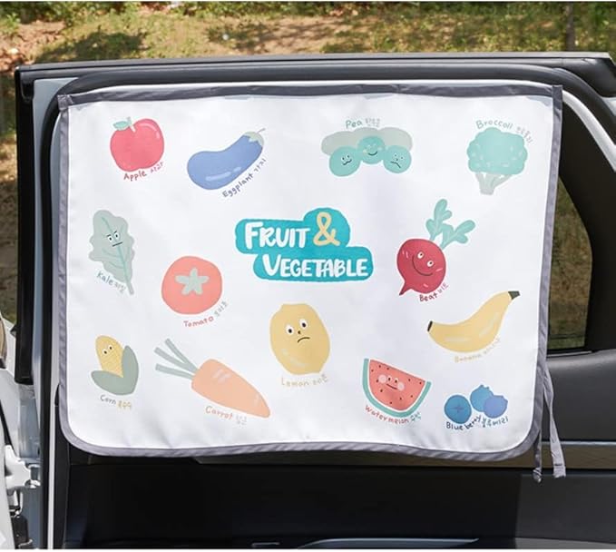 BEBEDECO Magnetic Car Sun Shade Curtain for Side Window – Sun Blocker and UV Protector for Baby, Kids, and Pets – Universal Fit with Built-in Magnets for Steel-Framed Door (Vegetable Friends)