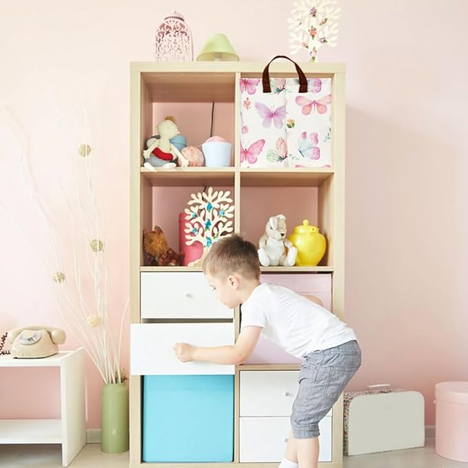 HKEC Rectangle Pink Butterfly Storage Basket with Handles, Collapsible Storage Bin, Books Box, Gift Basket(Pink Butterfly)