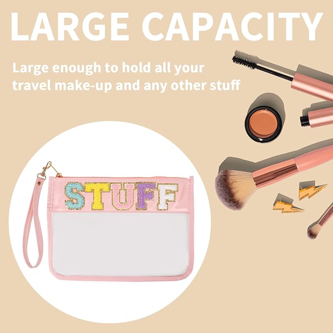 Iqimott Chenille Letter Stuff Bag Clear Flat Pouch, Monogram Glitter Letter Patch Makeup Cosmetic Bag Zipper Toiletry Pouch, Portable Travel Beach Snack Wristlet Bags for Women Girls(Stuff, Pink)