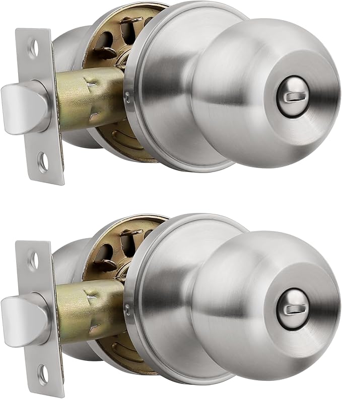 Knobonly 2 Pack Privacy Door Knobs Satin Nickel, Keyless Door Knobs Interior for Bedroom and Bathroom, Round Door Handles Stainless Steel, Classic Design