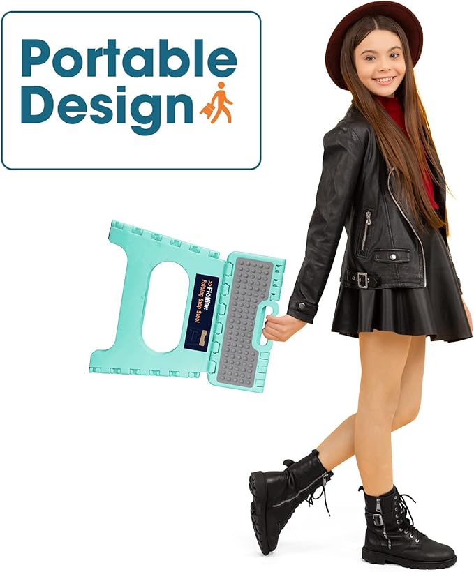 Flottian 11" Folding Step Stool for Adults and Kids Holds Up to 300 lbs,Non-Slip Folding Stools with Portable Handle, Compact Plastic Foldable Step Stool for Bathroom,Bedroom, Kitchen Teal