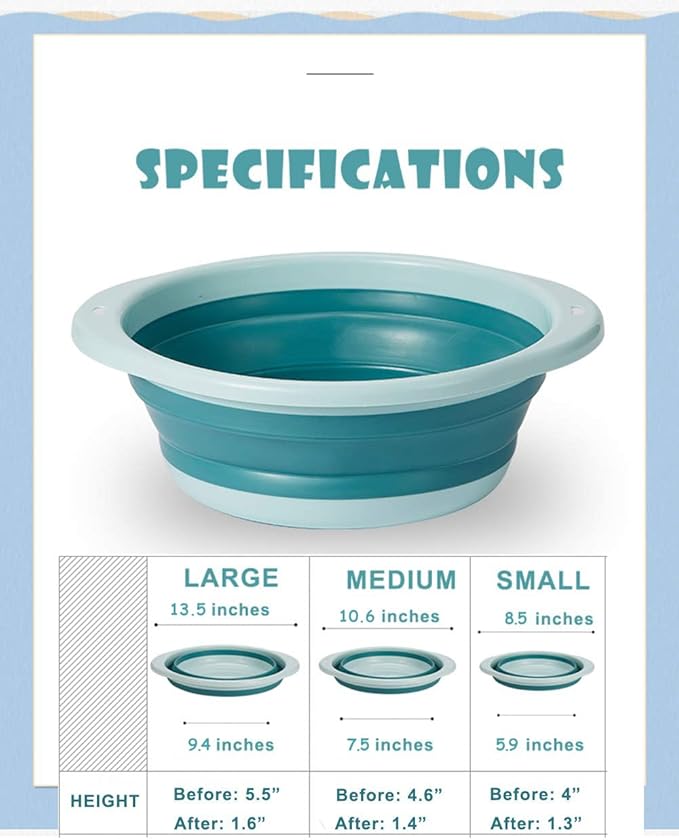 ORIZZP 3-Pack Collapsible Wash Basin Set, Baby Kids Wash Basin Dish Tub for Travel Home, 3 Different Sizes Set Space Saving Blue