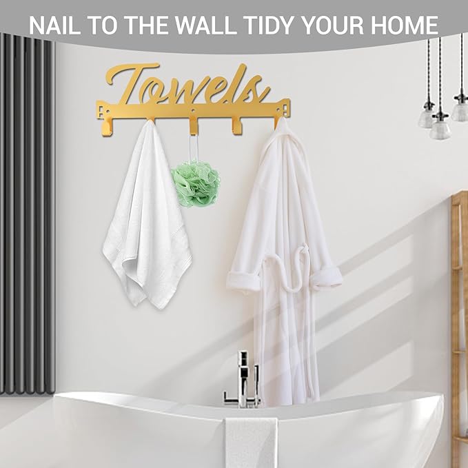 Azmoncy Over The Door Hooks, Towel Rack Towel Hooks for Bathroom, Towel Holder for Hanging Heavy Duty, Door Rack Over Door Hanger with 5 Coat Hooks for Bedroom Bathroom Kitchen（Light Gold）