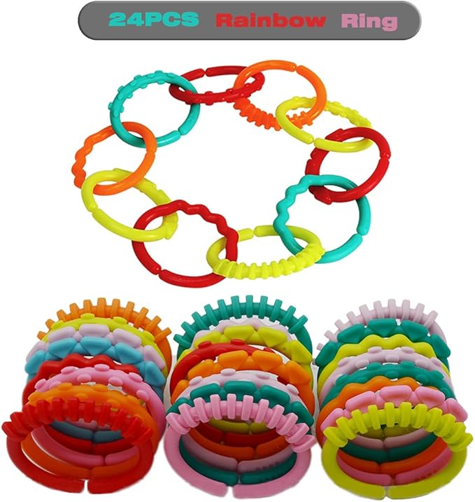 24 Pack Baby Rings Link Toys for Hanging Toy, Connecting Rings Toys for Infant Boy Girl, Early Learning Toys Car Seat and Stroller Travel Accessory Set with Storage Box