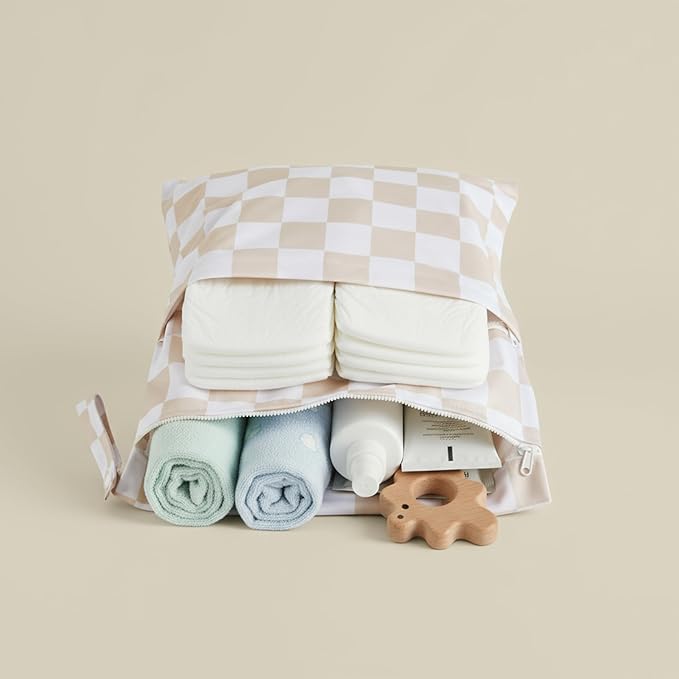 Ohocut Beige Khaki Checkered Waterproof Wet Dy Diaper Bag for Baby Essentials, Travel, Swimsuit, Beach Bag Accessories, Aesthetic Trendy Cute Toddler Baby Cloth Bag Pouch, Pack of 2