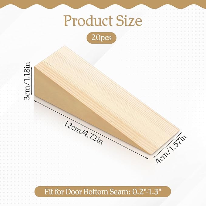 Wooden Door Stop Stopper Shims, 20 Pack Solid Non-Slip Doorstop Firefighter Wood Doors Stopper Wedge Triangle Wood Block Security Doors Stoppers for Bottom of Tile Concrete Carpet Wooden Floor