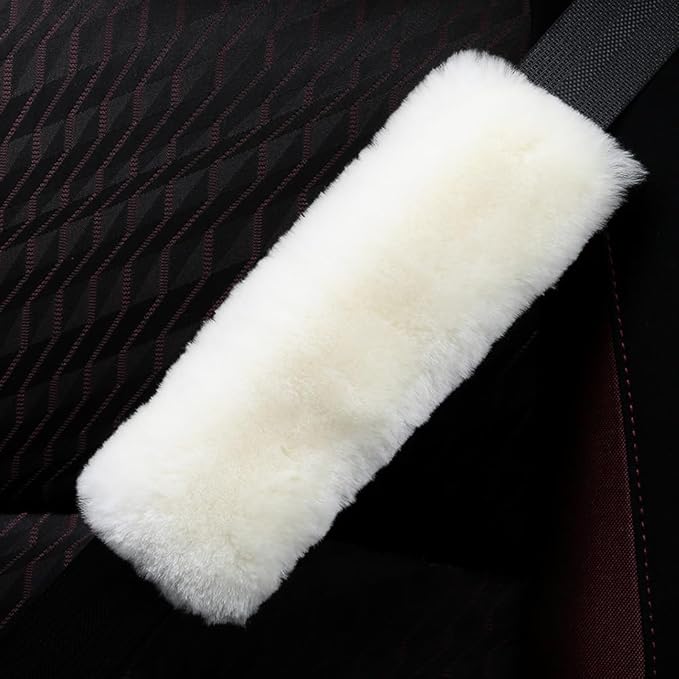 Fluffy Fuzzy Genuine Sheepskin Car Seat Belt Covers for Soft Auto Lambswool Seatbelt Pads, Shoulder Strap Cushion Adults Kids (2, Ivory)