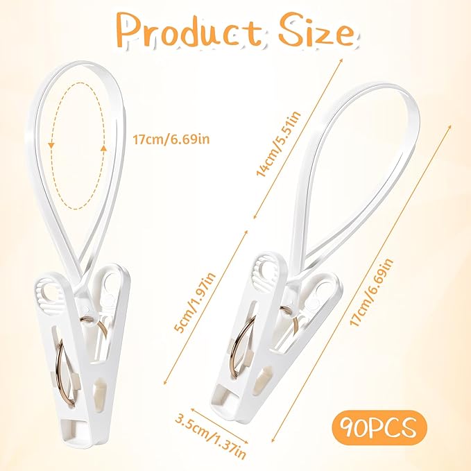 90 Pack Multi-Purpose Clothes Pins Laundry Hooks Hanging Clips with Plastic Rope for Baby Clothes Closet Organizer for Pants Hat Sock Boot Bra Towel Bathroom Wardrobe Kitchen, White