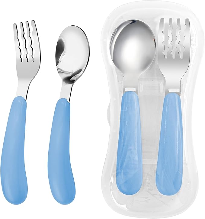 VANRA 2 Pieces Toddler Fork and Spoon Set with Travel Case 18/8 Stainless Steel Toddler Utensils Kids Silverware Children Flatware Child Cutlery Set for School Lunch Box (Blue)