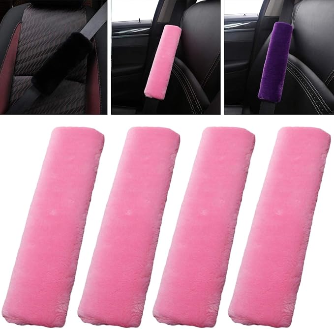 4 Pack Car Seat Belt Pads Shoulder Cover Baby Safety Belt Protector with Adjustable Soft Plush Shoulder Strap Protect Neck and Shoulder (Light Pink)