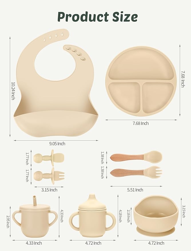 Silicone Baby Feeding Set 9 Pcs, Spill-Proof Suction Plate, Bowl, Bib, Silicone spoon&forks, Wooden Spoons&forks, Training cup with straw and Sippy Cup, Baby Eating Utensils (Pink)