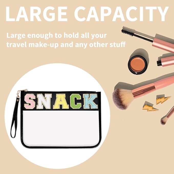 Iqimott Chenille Letter Clear Bag Snack Pouch, Monogram PVC & PU Makeup Cosmetic Bag Zipper Toiletry Pouch, Waterproof Portable Purse Travel Beach Snack Wristlet Bags for Women Girls(Snack, Black)
