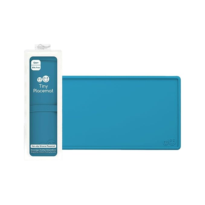 ezpz Tiny Placemat (Blue) - 6 Months+ - Non-Slip, 100% Silicone Placemat for Infants and Toddlers - Fits on Most Highchair Trays - Rolls-Up - Baby Led Weaning Supplies