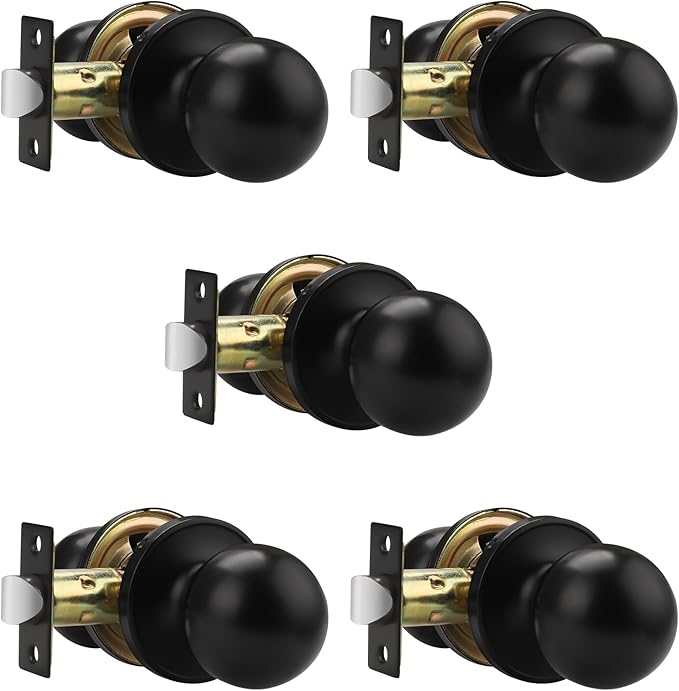 Knobonly 5 Pack Keyless Indoor Door Knob, Matte Black Passage Door Knobs, Interior Door Knobs, Stainless Steel