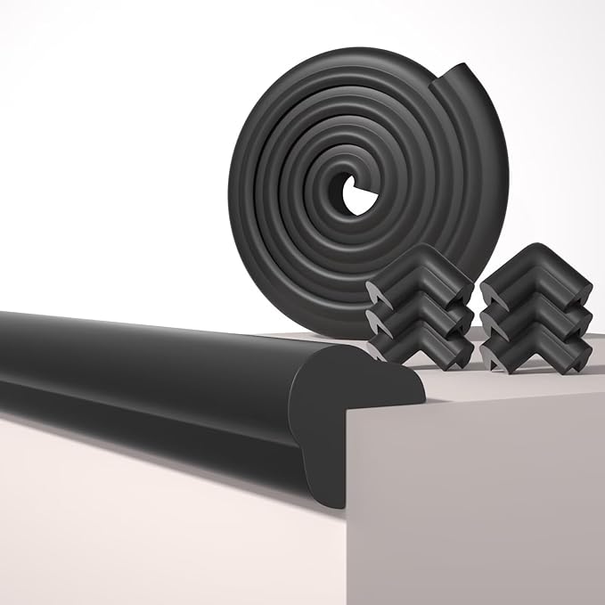 QYV Edge Corner Protector Baby Proofing, 6.56FT 0.6'' Thicken L-Shape Furniture Fireplace Safety Bumper Guard with 6 Corners, Pre-Taped, Soft NBR Rubber Foam, Table Edge Protector for Baby (Black)