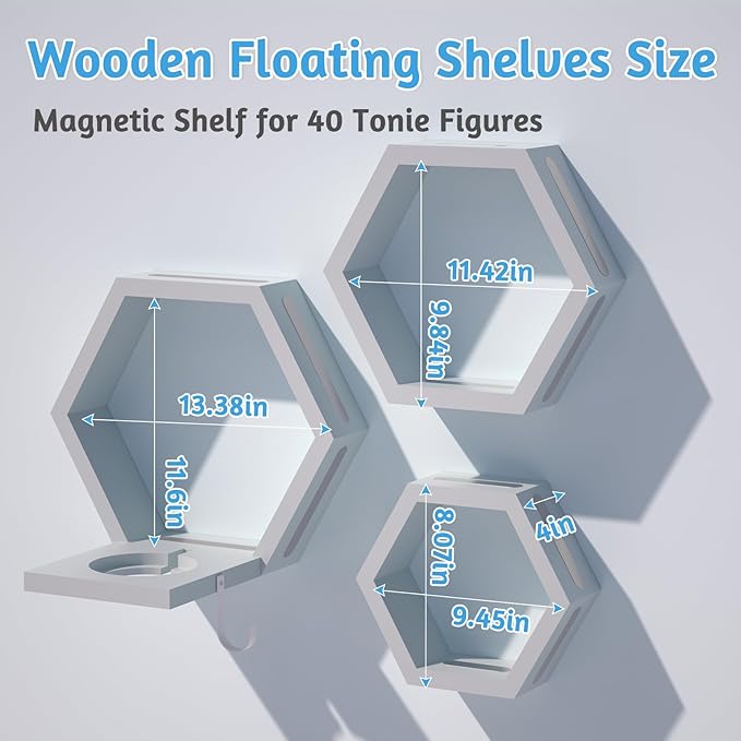 Hexagon Tonies Shelf Magnetic - Tonies Storage Shelf Set of 3 for Kid Room, Wooden Magnetic Display Shelf for TonieBox Holder, Wall Floating Shelves Toy Storage Compatible with Tony Accessories(Grey)
