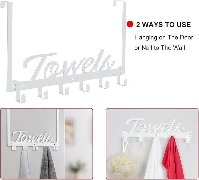 Azmoncy Over The Door Hooks - Wall Mount Towel Hanger with 6 Hooks for Bedroom Bathroom Kitchen Towels, Bag, Coats, Hats - White