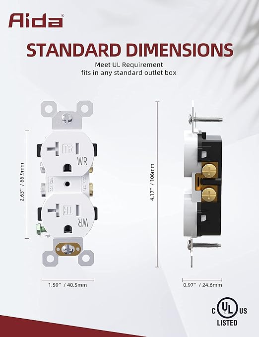 AIDA 20 Amps Outlets Duplex Electrical Receptacle Outlets,Weather Resistance & Tamper Resistant, Receptacle Wall Outlet,Residential,TR,3-Wire, Self-Grounding Clip, NEMA 5-20R,UL Listed 10 Pack, White