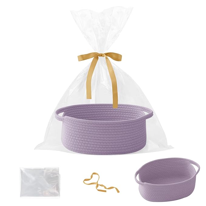 Small Woven Rope Basket-Empty Gifts Basket with Bag and Ribbons,Cute Handle Organizer Box for Birthday/Baby Shower, Toy Storage, Nursery Organizing & Shelf Decor(Purple)