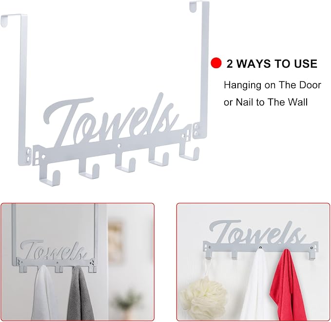 Azmoncy Over The Door Hooks, Towel Rack for Bathroom & Bedroom, Heavy Duty Over Door Towel Hanger with 5 Coat Hooks, Silver