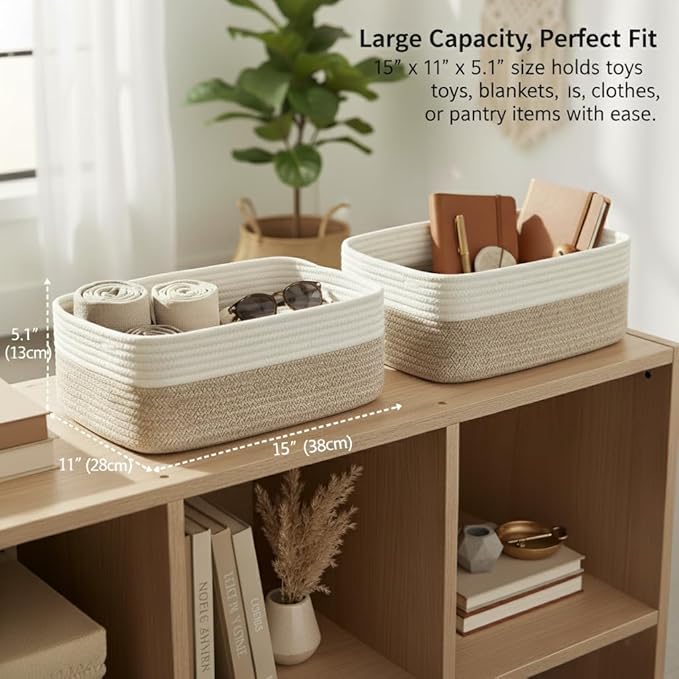 Storage Baskets for Organizing 3 Pack, Woven Baskets for Storage 15"x11"x5.1", Shelf Basket Closet Basket Empty Gift Baskets Woven Storage Bins, White & Mixed Brown