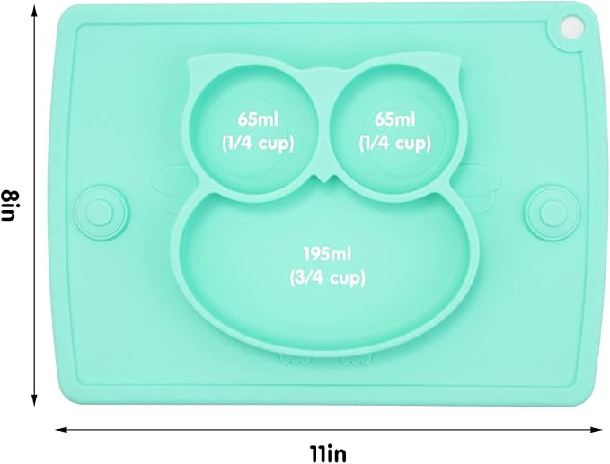 Silicone Divided Toddler Plates - Portable Non Slip Suction Plates Placemat for Children Babies and Kids BPA Free Baby Dinner Plate Bowl (Owl-Cyan)