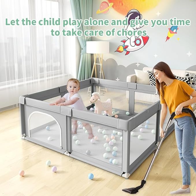 Baby Playpen, Play Pens for Babies and Toddlers, Mini Baby Fence Play Area,Safe Anti-Fall Play Yard with Gates, Small Playpen for Babies with Breathable Mesh, with Pull-Up Ring(Grey, 36" x36")