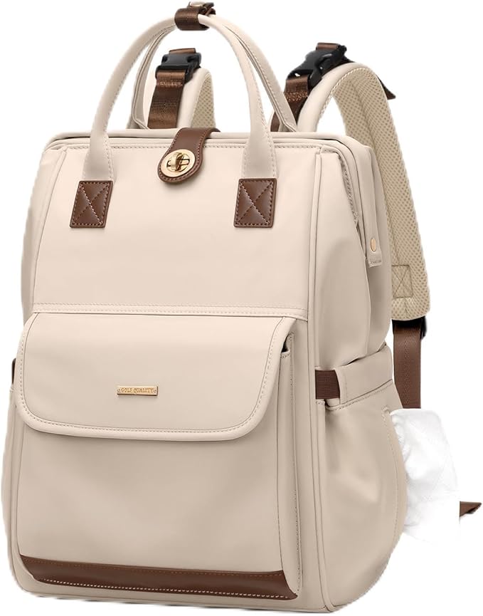GOLF QUALITY Diaper Bag Backpack,Multi Function Water Resistant Diaper Bag With Hook,Casual Hanging diaper bag for mom,16 Inch,Apricot