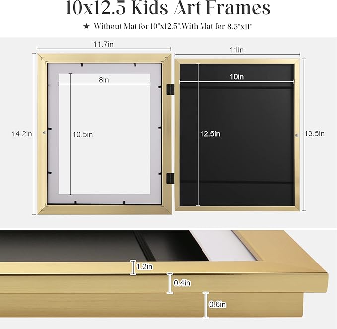 [2 Pack] Kids Art Frames, 10x12.5 Front Opening Kids Artwork Frames Changeable, Displays 8.5x11 With Mat and 10x12.5 Without Mat, Holds 50 Pcs, for 3D Picture, Crafts, Hanging Art, Portfolio Storage