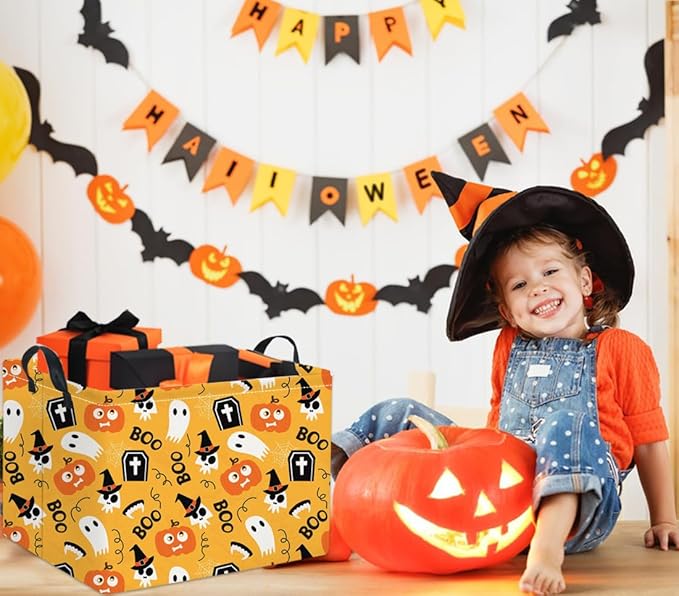 TIBAOLOVER Rectangular Halloween Basket for Kids Cute Pumpkin Basket Storage Bin Organizer Box Room Decor for Halloween Parties(Yellow Pumpkin)