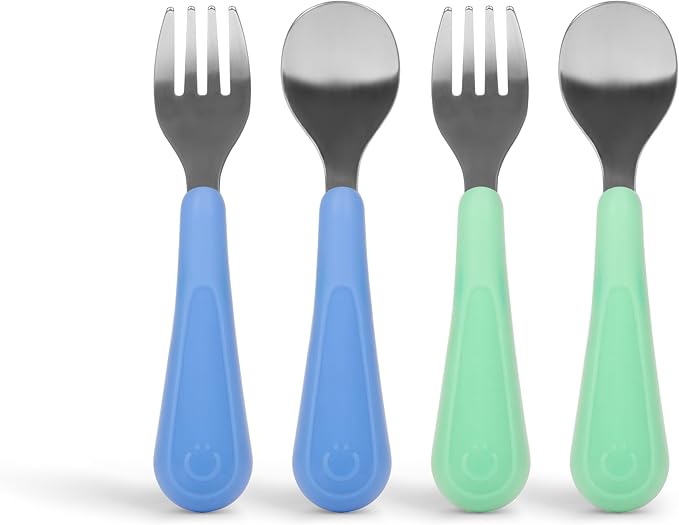 Ubbi Toddler Stainless Steel Fork & Spoon Set, 4-Pack – Silicone Easy-Grip Handles, Kids Self-Feeding Utensils, Baby-Led Weaning Essentials, Dishwasher Safe, Polaris Blue & Sugar Snap Green