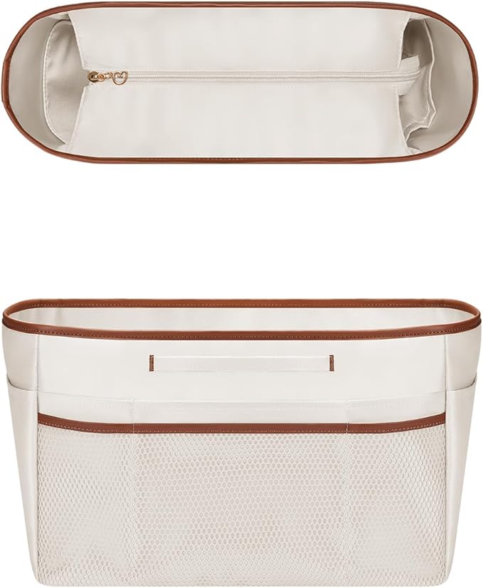 GIVLEFLY Tote Organizer Insert with Multiple PocketsZipper Purse Dividers with Handle Lightweight Purse Liner with Cup Holder Fit for Longchamp Medium Size and City30 and More(Medium,White)