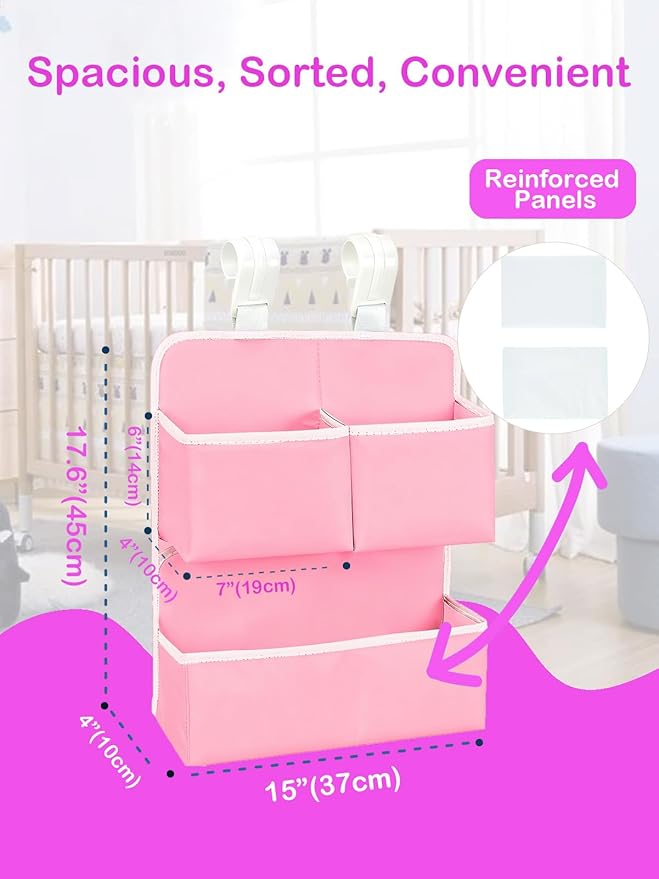 Hanging Diaper Organizer for Bassinet/Crib/Playpen/Playard – Hold 80+ Diapers - Changing Table Diaper Holder Attachment Accessories- Diaper Stacker Nursery Caddy Organizer (Pink)