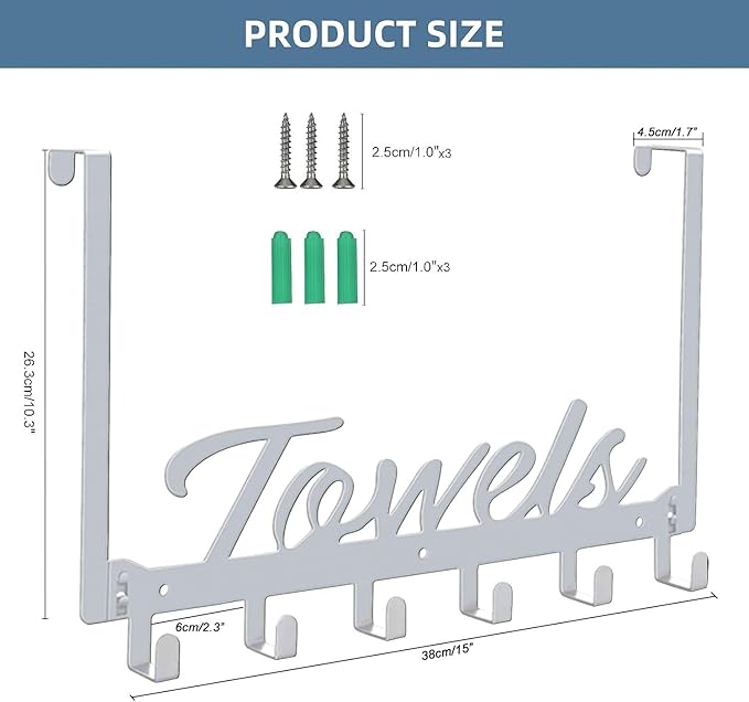 Azmoncy Over The Door Hooks, Towel Rack for Bathroom Towel Holder for Hanging Heavy Duty, Wall Mount Towel Hanger with 6 Hooks for Bedroom Bathroom Kitchen Towels, Bag, Coats, Hats - Silver