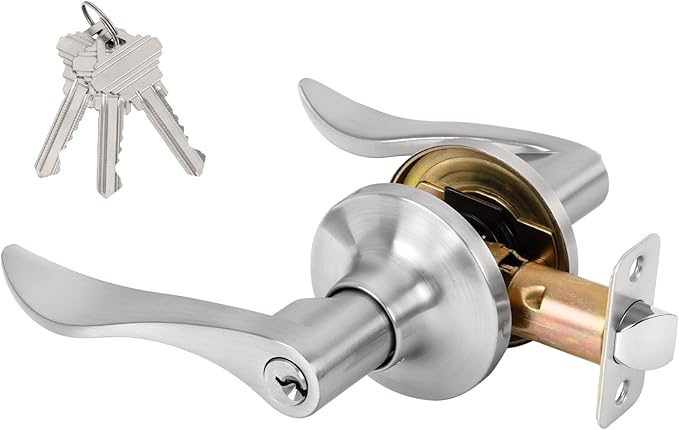 Keyed Entry Door Lever, Door Handle with Lock and Key, Exterior ＆ Interior Door Handle for Bedroom, Wave Style Lever Satin Nickel, Reversible for Left/Right