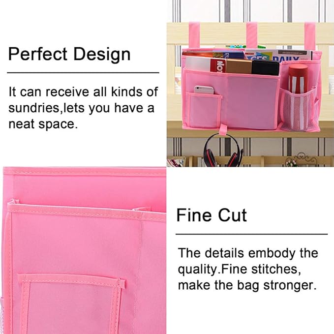 Sugaroom Bedside Storage Caddy, Bunk Bed Organizer Bed Storage Pocket Bedside Organizer Hanging Bed Storage Caddy for College Dorm Room, Hospital Bed Rails, Baby Bed, Camp (Pink)