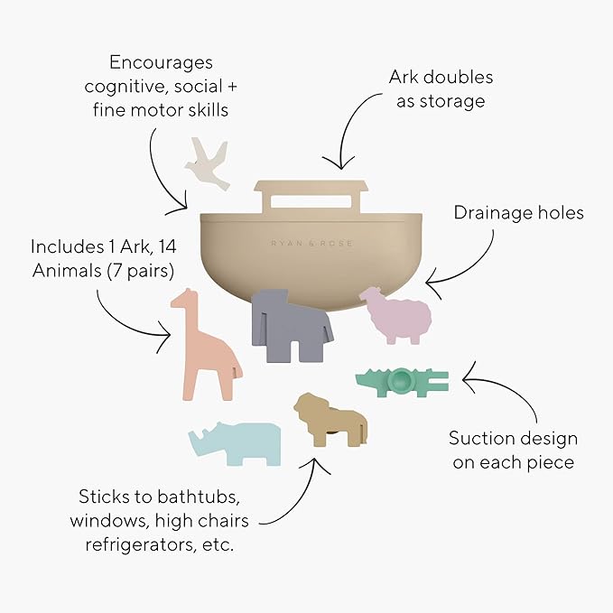 Noah's Ark Suction Toys - 1 Ark, 14 Animals (7 Pairs) - Toddler Bath Toys, Baptism Gifts for Boys, Mold Free No Hole Silicone