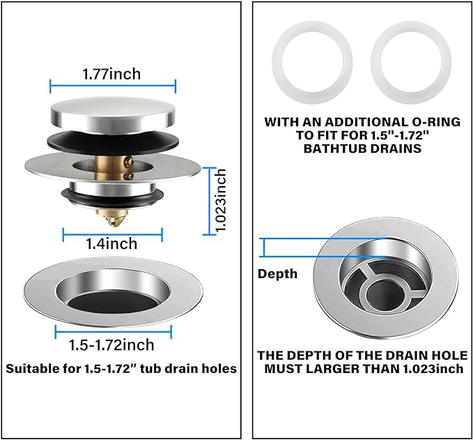 Bathtub Drain Stopper, Tub Stopper/Bathtub Plug for Tip Toe/Trip Lever/Lift&Turn Tub Drains, Bath Tub Drain Stoppers Designed for 1.5"-1.72" Drain Hole w/3 O-Rings,Chrome Plated