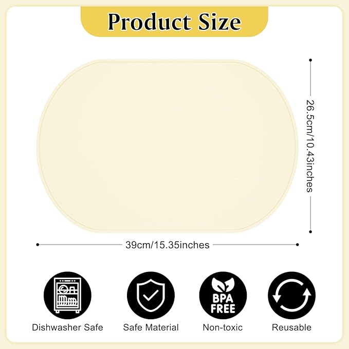 yuuzue Silicone Placemats Set of 4, Oval Heat Resistant Place Mats, Waterproof Washable Wipeable Dining Table Mats, Non-Slip Silicone Table Mat for Kids Adult (Beige)