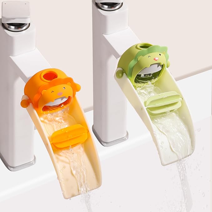 Faucet Extender for Toddlers, 2-Piece Set, Animal Fun Design, with Water Outlet Extension and Rotating Wheel Splash-Proof Design, Easy to Install, Also a Sink Extender for Children